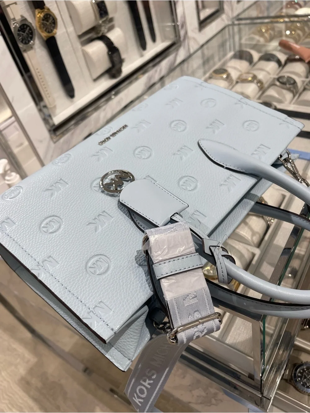 Michael Kors Mirella Md Logo Debossed EW Top Zip Satchel Shouldr Tote Pale Ocean